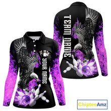 Load image into Gallery viewer, Custom Purple Flame Black Eagle Bowling Polo, Quarter Zip Shirt For Women, Team Bowling Clothes NQS10351