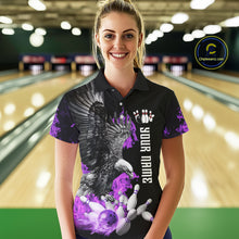 Load image into Gallery viewer, Custom Purple Flame Black Eagle Bowling Polo, Quarter Zip Shirt For Women, Team Bowling Clothes NQS10351