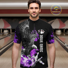 Load image into Gallery viewer, Custom Purple Flame Black Eagle Bowling Polo, Quarter Zip Shirt For Men, Team Bowling Clothes NQS10351
