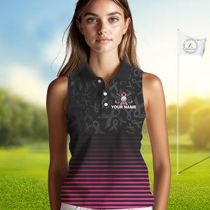 Pink and black Ribbons Pattern Sleeveless polo Shirt Custom Breast cancer awareness Team Golf attire NQS10559
