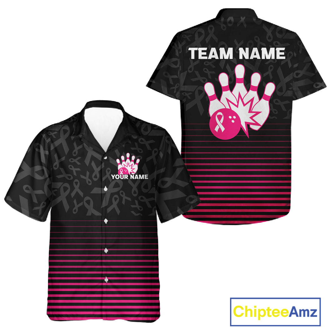 Pink and black Ribbons Pattern Bowling Hawaiian shirt Custom Breast cancer Team Bowler Jersey NQS10560