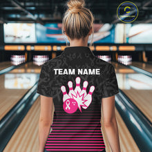 Load image into Gallery viewer, Pink and black Ribbons Pattern Bowling Shirts For Women Custom Breast cancer Team Bowler Jersey NQS10560