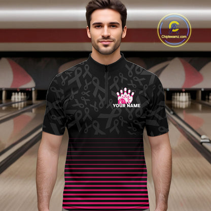 Pink and black Ribbons Pattern Bowling Shirts For Men Custom Breast cancer Team Bowler Jersey NQS10560