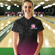 Load image into Gallery viewer, Pink and black Ribbons Pattern Bowling Shirts For Women Custom Breast cancer Team Bowler Jersey NQS10560