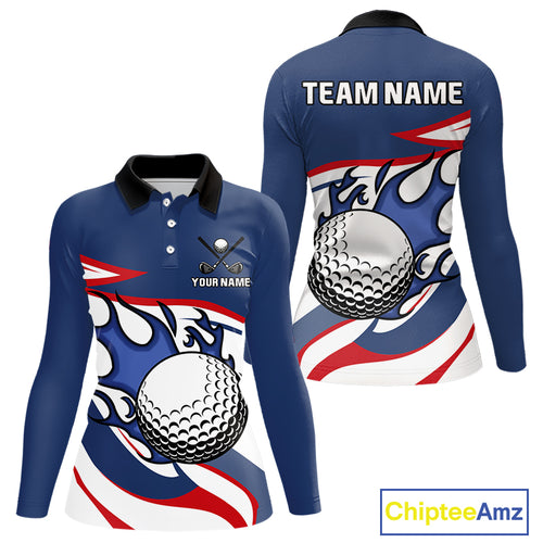 Red, White and Blue Flame golf ball Women Golf polo shirts Custom patriotic Golf Outfit For Ladies NQS10044