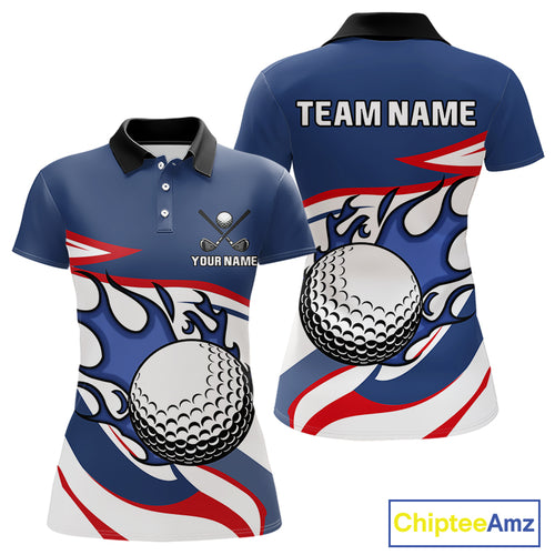 Red, White and Blue Flame golf ball Women Golf polo shirts Custom patriotic Golf Outfit For Ladies NQS10044