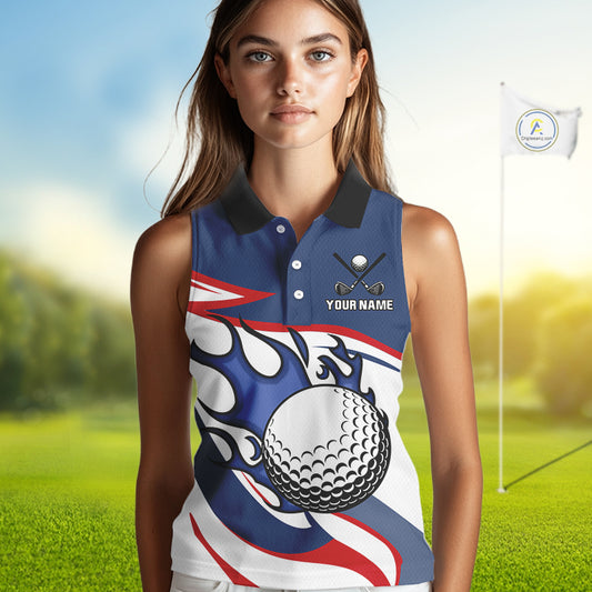 Red, White and Blue Flame golf ball Women Sleeveless Golf polo shirts Custom patriotic Golf Outfit NQS10044