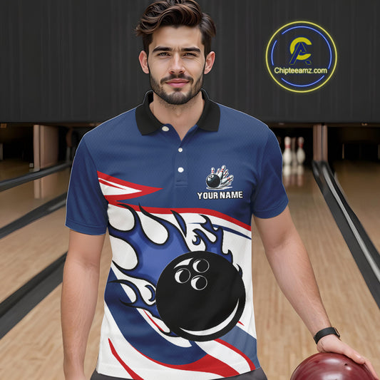 Red, White and Blue Flame bowling ball polo, 1/4 zip shirts for Men Custom patriotic Bowling Outfit NQS10045