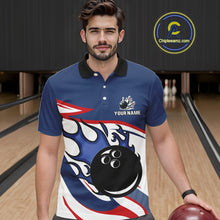 Load image into Gallery viewer, Red, White and Blue Flame bowling ball polo, 1/4 zip shirts for Men Custom patriotic Bowling Outfit NQS10045