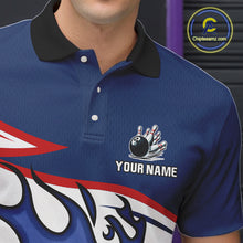 Load image into Gallery viewer, Red, White and Blue Flame bowling ball polo, 1/4 zip shirts for Men Custom patriotic Bowling Outfit NQS10045