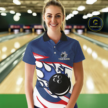 Load image into Gallery viewer, Red, White and Blue Flame bowling ball polo, 1/4 zip shirts for Women Custom patriotic Bowling Outfit NQS10045