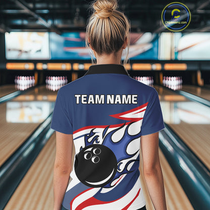 Red, White and Blue Flame bowling ball polo, 1/4 zip shirts for Women Custom patriotic Bowling Outfit NQS10045