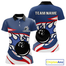 Load image into Gallery viewer, Red, White and Blue Flame bowling ball polo, 1/4 zip shirts for Women Custom patriotic Bowling Outfit NQS10045