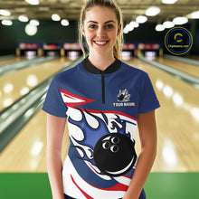Load image into Gallery viewer, Red, White and Blue Flame bowling ball polo, 1/4 zip shirts for Women Custom patriotic Bowling Outfit NQS10045