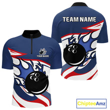 Load image into Gallery viewer, Red, White and Blue Flame bowling ball polo, 1/4 zip shirts for Men Custom patriotic Bowling Outfit NQS10045