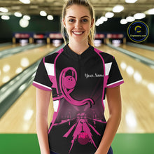 Load image into Gallery viewer, Breast Cancer Awareness Bowling Shirts For Women custom Black and pink ribbon team bowling jerseys NQS10207