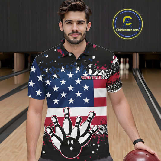 American Flag Black Bowling Polo, 1/4 Zip Shirts For Men custom patriotic retro bowling team shirts NQS10210