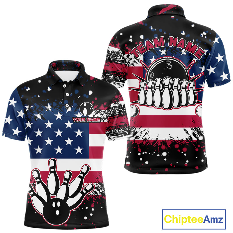 American Flag Black Bowling Polo, 1/4 Zip Shirts For Men custom patriotic retro bowling team shirts NQS10210