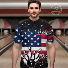 Load image into Gallery viewer, American Flag Black Bowling Polo, 1/4 Zip Shirts For Men custom patriotic retro bowling team shirts NQS10210