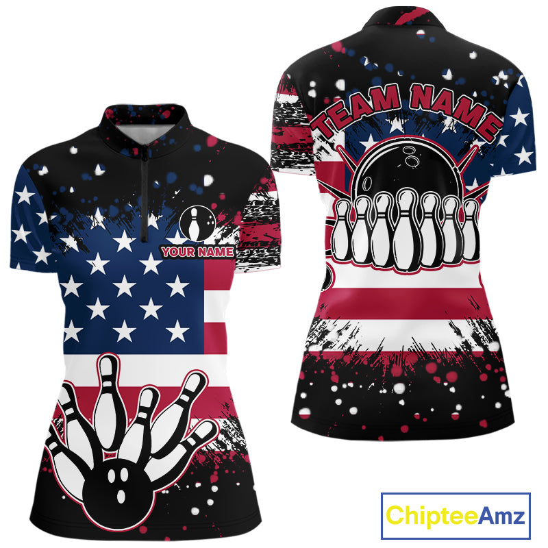 American Flag Black Bowling Polo, 1/4 Zip Shirts For Women custom patriotic retro bowling team shirts NQS10210