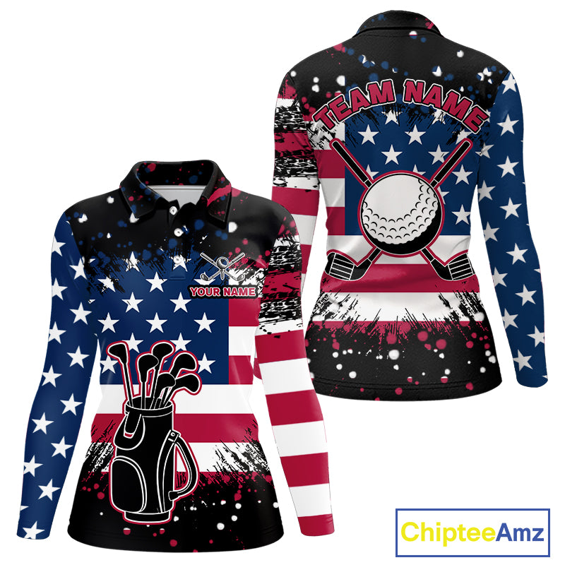 American Flag Black golf polo shirts for Women custom patriotic retro golf team shirts, golfer gifts NQS10211