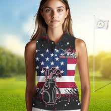 Load image into Gallery viewer, American Flag Black sleeveless golf polo shirts for ladies custom patriotic retro golf team shirts NQS10211