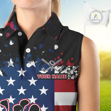 Load image into Gallery viewer, American Flag Black sleeveless golf polo shirts for ladies custom patriotic retro golf team shirts NQS10211