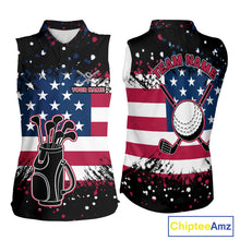 Load image into Gallery viewer, American Flag Black sleeveless golf polo shirts for ladies custom patriotic retro golf team shirts NQS10211