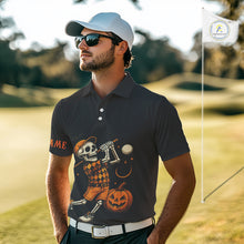 Load image into Gallery viewer, Black and Orange Skull Golf polo shirt for men Custom Halloween Mens golf outfit NQS10353