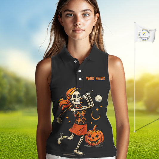 Black and Orange Skull golf sleeveless polo shirt for Women Custom Halloween Ladies golf outfit NQS10353