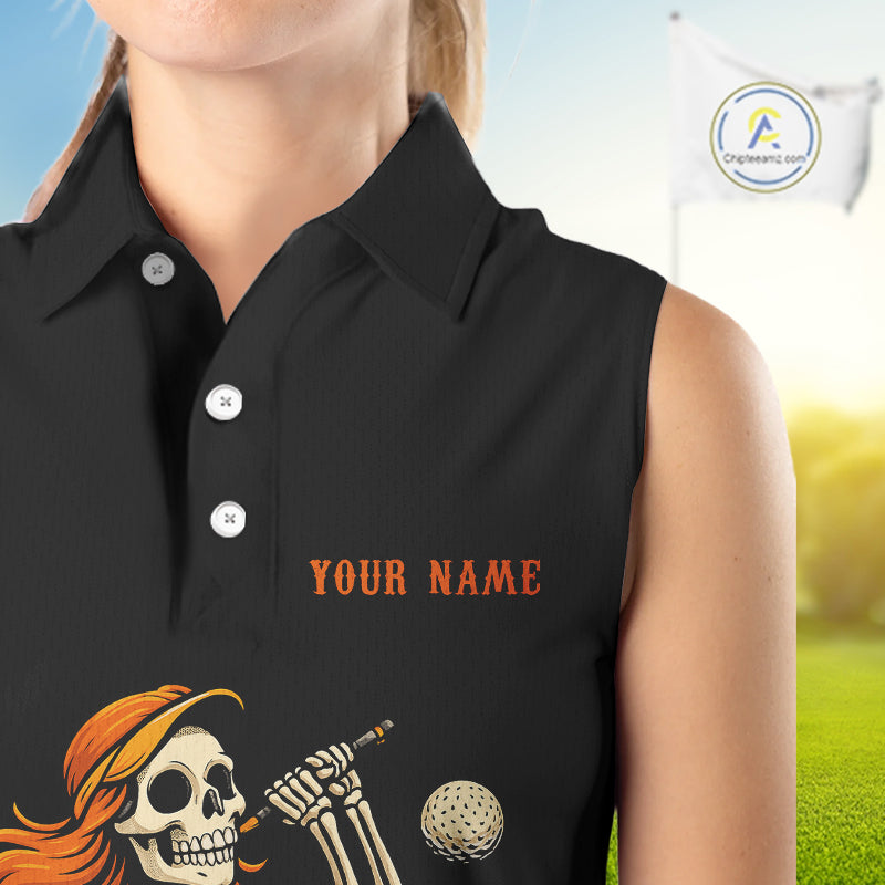 Black and Orange Skull golf sleeveless polo shirt for Women Custom Halloween Ladies golf outfit NQS10353