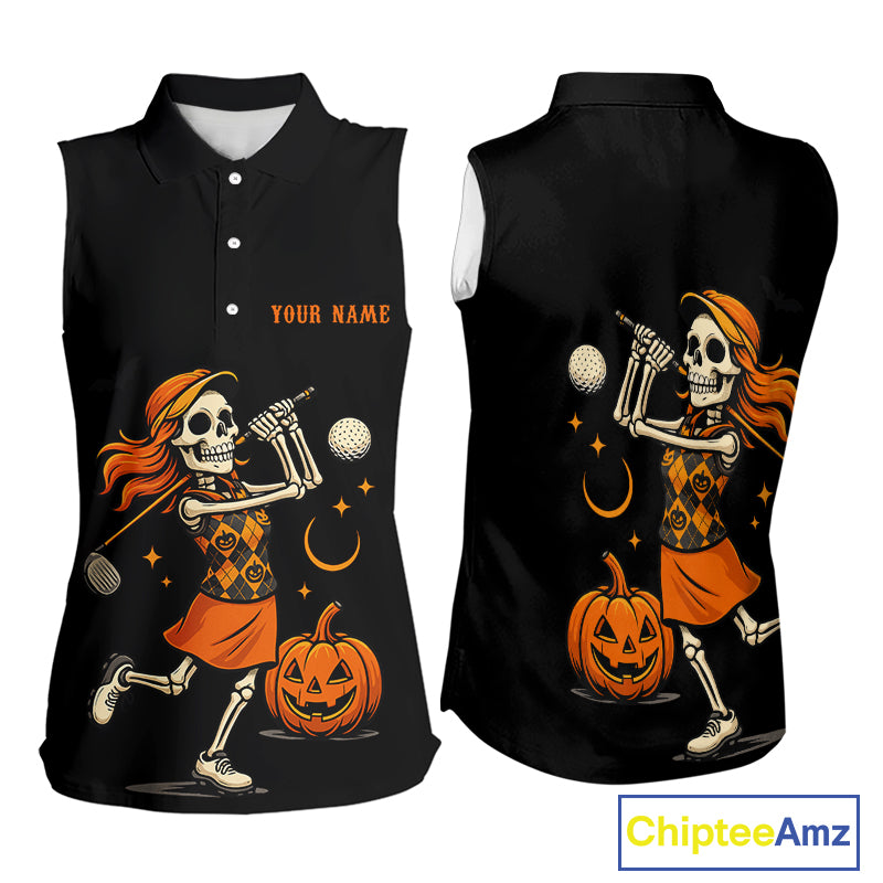 Black and Orange Skull golf sleeveless polo shirt for Women Custom Halloween Ladies golf outfit NQS10353