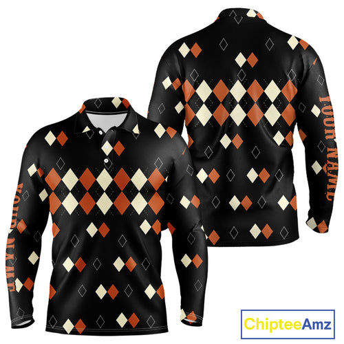 Black and Orange argyle plaid pattern Mens golf polo shirts custom Halloween golf wear for men NQS10356