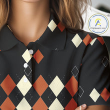 Load image into Gallery viewer, Black and Orange argyle plaid pattern Women golf polo shirts custom Halloween golf wear for ladies NQS10356