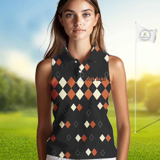 Black and Orange argyle plaid pattern Women sleeveless polo shirt custom Halloween ladies golf wear NQS10356