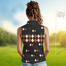 Load image into Gallery viewer, Black and Orange argyle plaid pattern Women sleeveless polo shirt custom Halloween ladies golf wear NQS10356