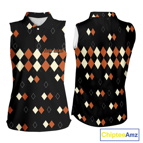 Black and Orange argyle plaid pattern Women sleeveless polo shirt custom Halloween ladies golf wear NQS10356