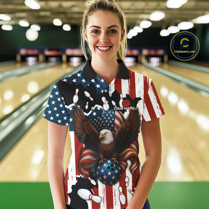 American Flag Eagle Bowling Polo, Quarter Zip Shirts For Women Custom Patriotic Team Bowling Jersey NQS10572