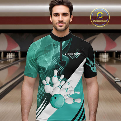 Mens bowling polo, 1/4 zip shirts Custom cyan blue smoke bowling team jerseys, gift for Bowlers NQS10060