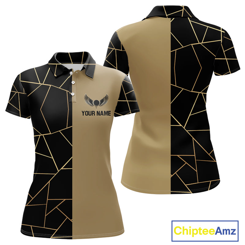 Black and Gold pattern Women Golf polo shirts custom golf attire for ladies, golfing gifts NQS10359