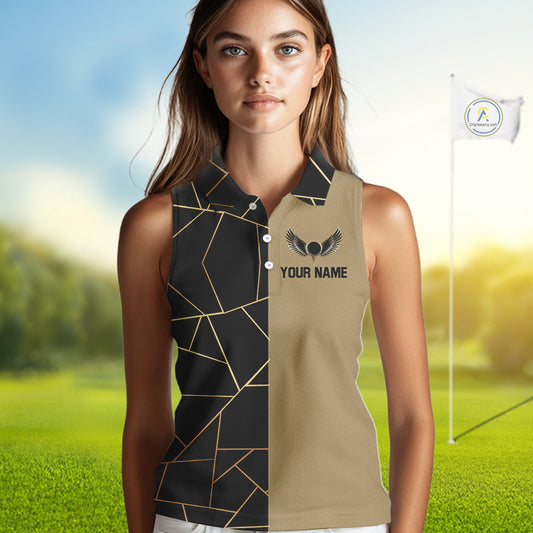 Black and Gold pattern Sleeveless Golf polo shirt custom golf attire for ladies, golfing gifts NQS10359