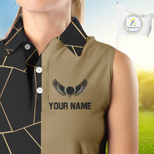 Load image into Gallery viewer, Black and Gold pattern Sleeveless Golf polo shirt custom golf attire for ladies, golfing gifts NQS10359