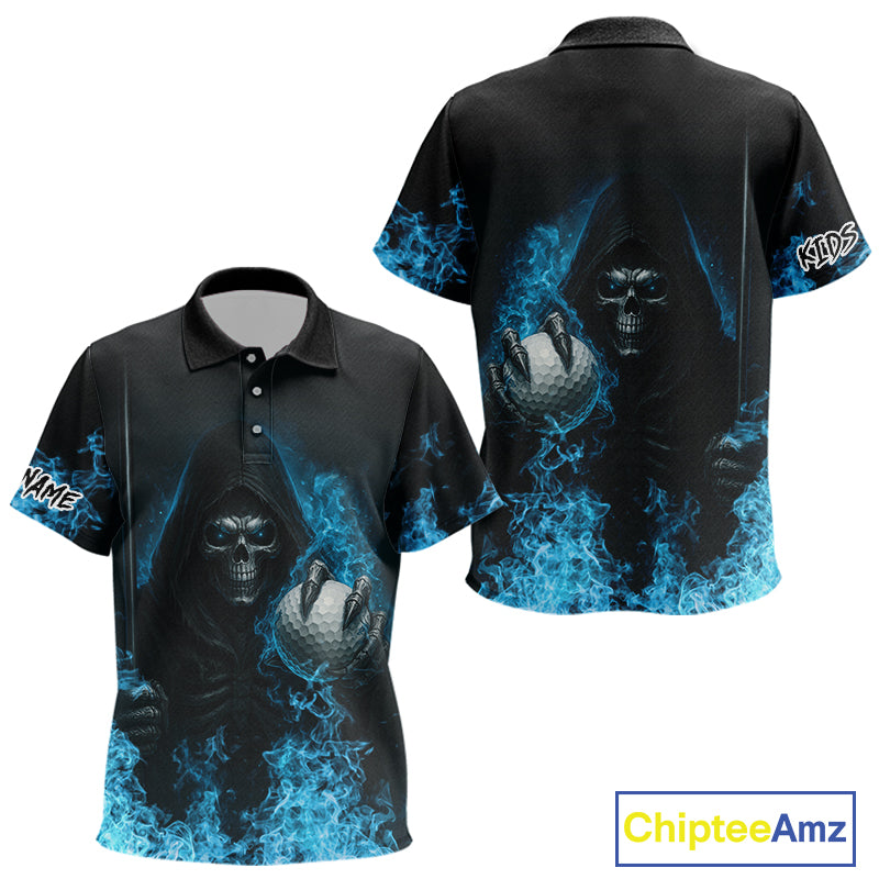 Blue Flame Skull reaper Kid Golf polo shirts custom golf top for Kid, best golf gifts NQS10360