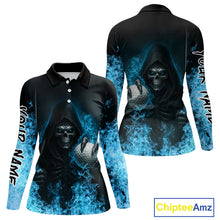 Load image into Gallery viewer, Blue Flame Skull reaper Women Golf polo shirts custom golf top for ladies, best golf gifts NQS10360