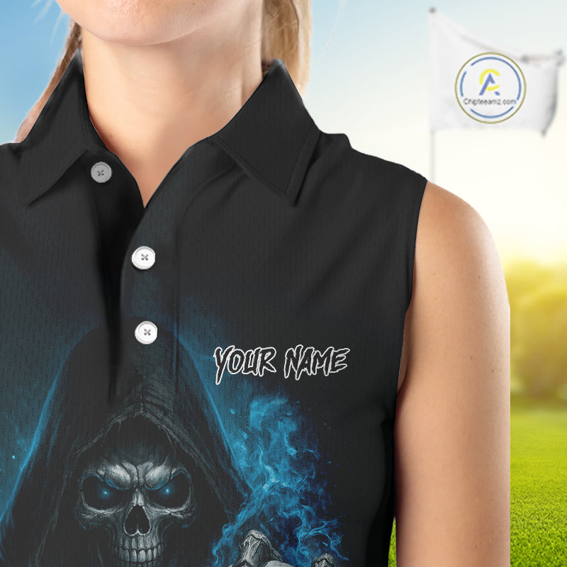 Blue Flame Skull reaper Sleeveless Golf polo shirts custom golf top for ladies, best golf gifts NQS10360
