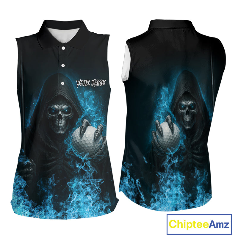 Blue Flame Skull reaper Sleeveless Golf polo shirts custom golf top for ladies, best golf gifts NQS10360