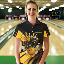 Load image into Gallery viewer, Black and Yellow Bee Bowling Polo, Quarter Zip Shirts For Women Custom Bee Bowling Team Jersey Outfit NQS10362