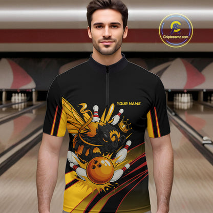 Black and Yellow Bee Bowling Polo, Quarter Zip Shirts For Men Custom Bee Bowling Team Jersey Outfit NQS10362
