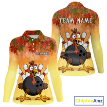 Load image into Gallery viewer, Custom Funny Turkey Bowling Shirt For Women, maple leaf pattern Thanksgiving Bowling Team Uniform NQS10368