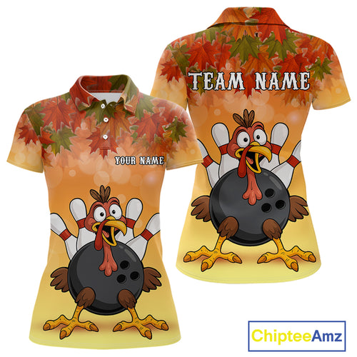 Custom Funny Turkey Bowling Shirt For Women, maple leaf pattern Thanksgiving Bowling Team Uniform NQS10368